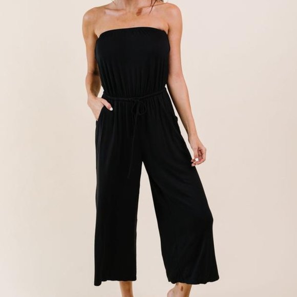Cropped Tube Top Jumpsuit In Black - Picture 1 of 5